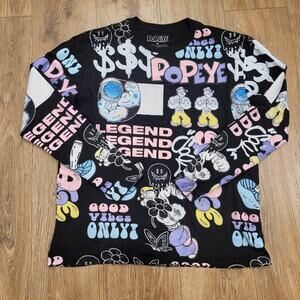 POPEYE Cartoon AOP Shirt Unisex Sz Large Black Long Sleeve Tee Multicolor